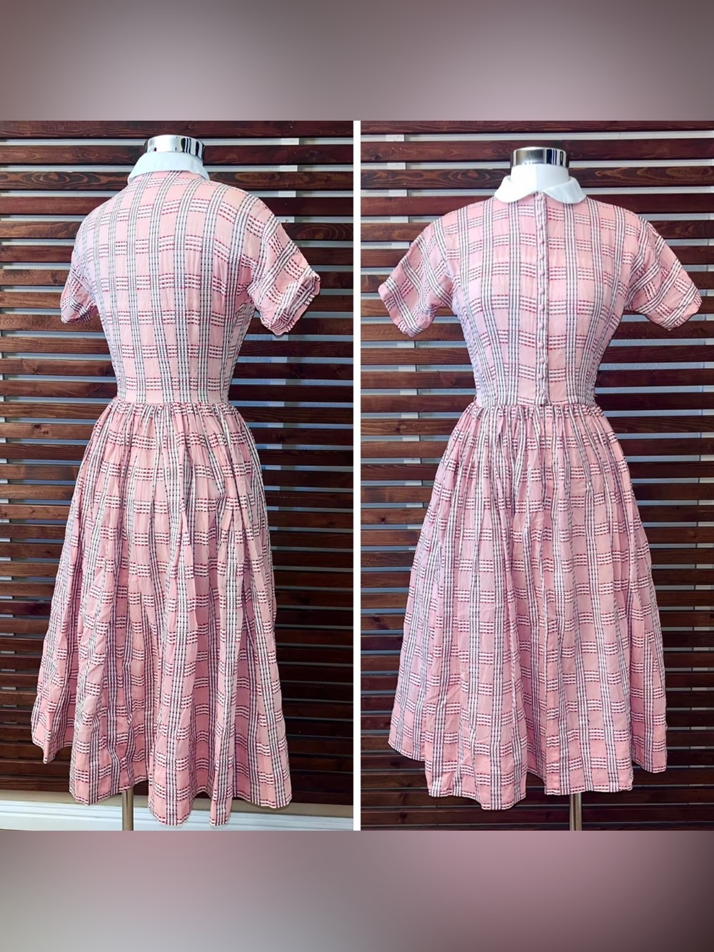 Vintage 1950s 50s Pink Red Plaid White Collar Button Front Rockabilly VLV Dress